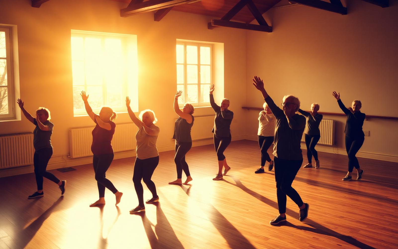 Cours collectif de fitness dans une salle de village, lumière chaleureuse.